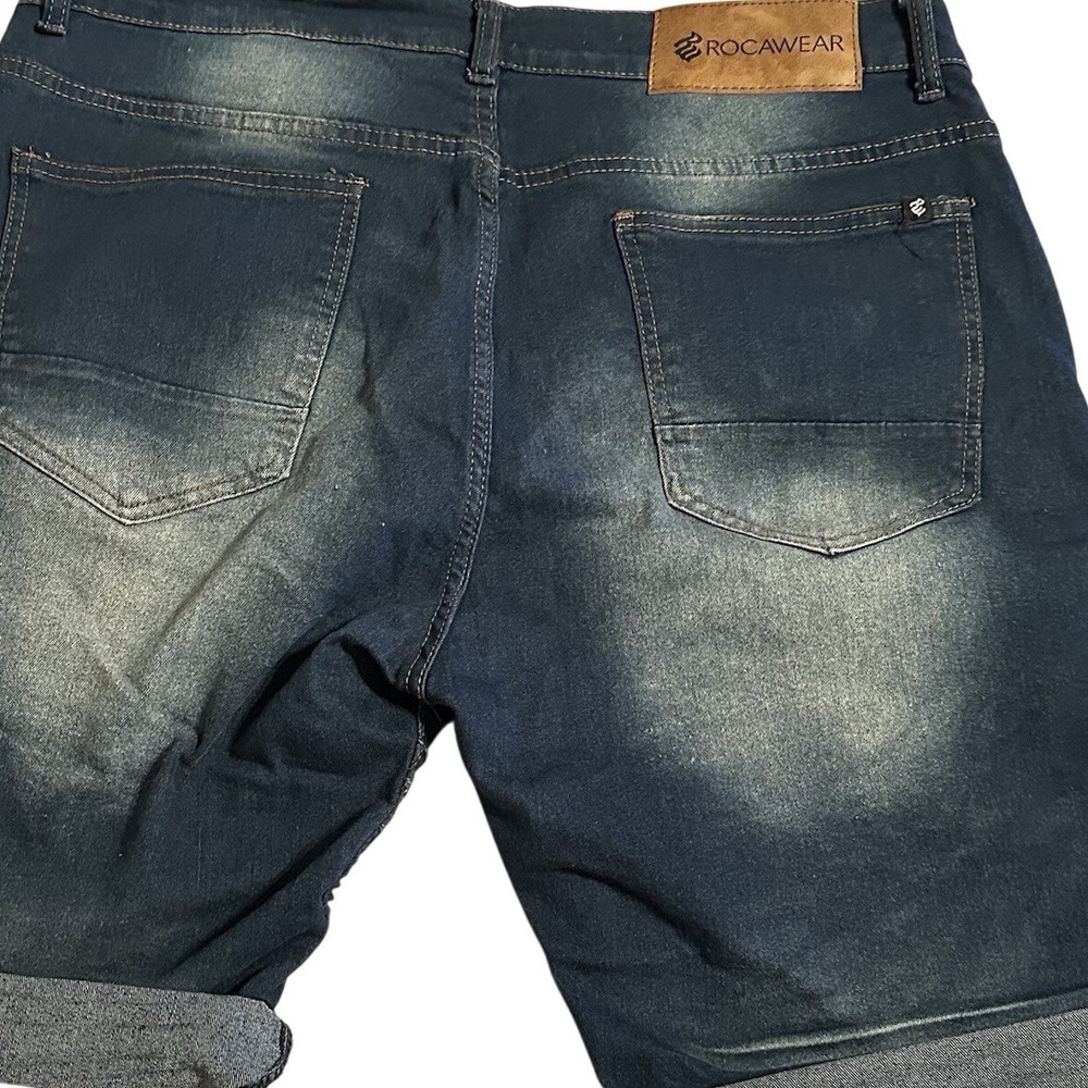 Rocawear Mens Moto Denim Shorts Blue Distressed Sandblasted Size 36